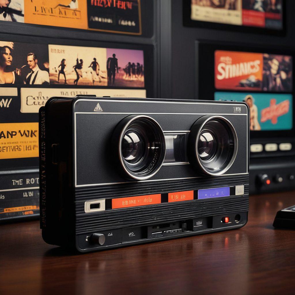 A dynamic collage showcasing the evolution of adult entertainment, featuring a vintage VHS tape transforming into a modern streaming interface on a digital device. Include iconic symbols of each era, like a classic film projector and a sleek smartphone. Use engaging colors to highlight the contrast between the past and present, with a backdrop depicting a timeline. cinematic style. vibrant colors. 3D.