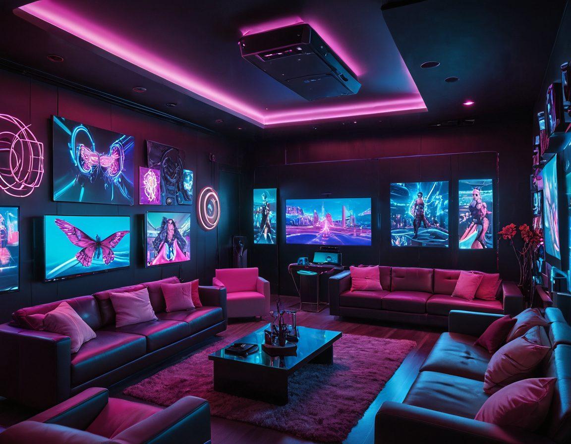 A futuristic living room filled with various screens displaying diverse adult entertainment platforms, showcasing immersive VR headsets, smart TVs, and a cozy couch. Bright neon lights create a vibrant atmosphere, illustrating the evolution of technology in entertainment. Include subtle hints of social interaction among diverse adults enjoying the experience. cyberpunk. vibrant colors. super-realistic.